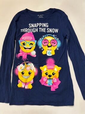 🎀 4/$15 The Children's Place Girls Navy Long Sleeve Emoji Snow Friends Tee Size